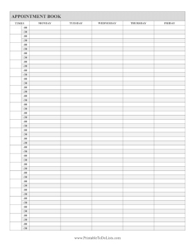 Appointment Book Weekday In Half-Hour Increments