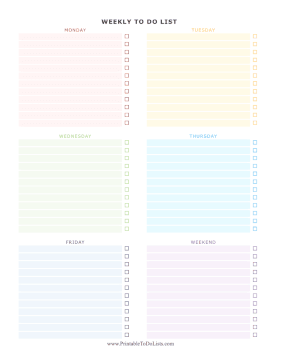Colorful Weekday Weekly To Do List Portrait 